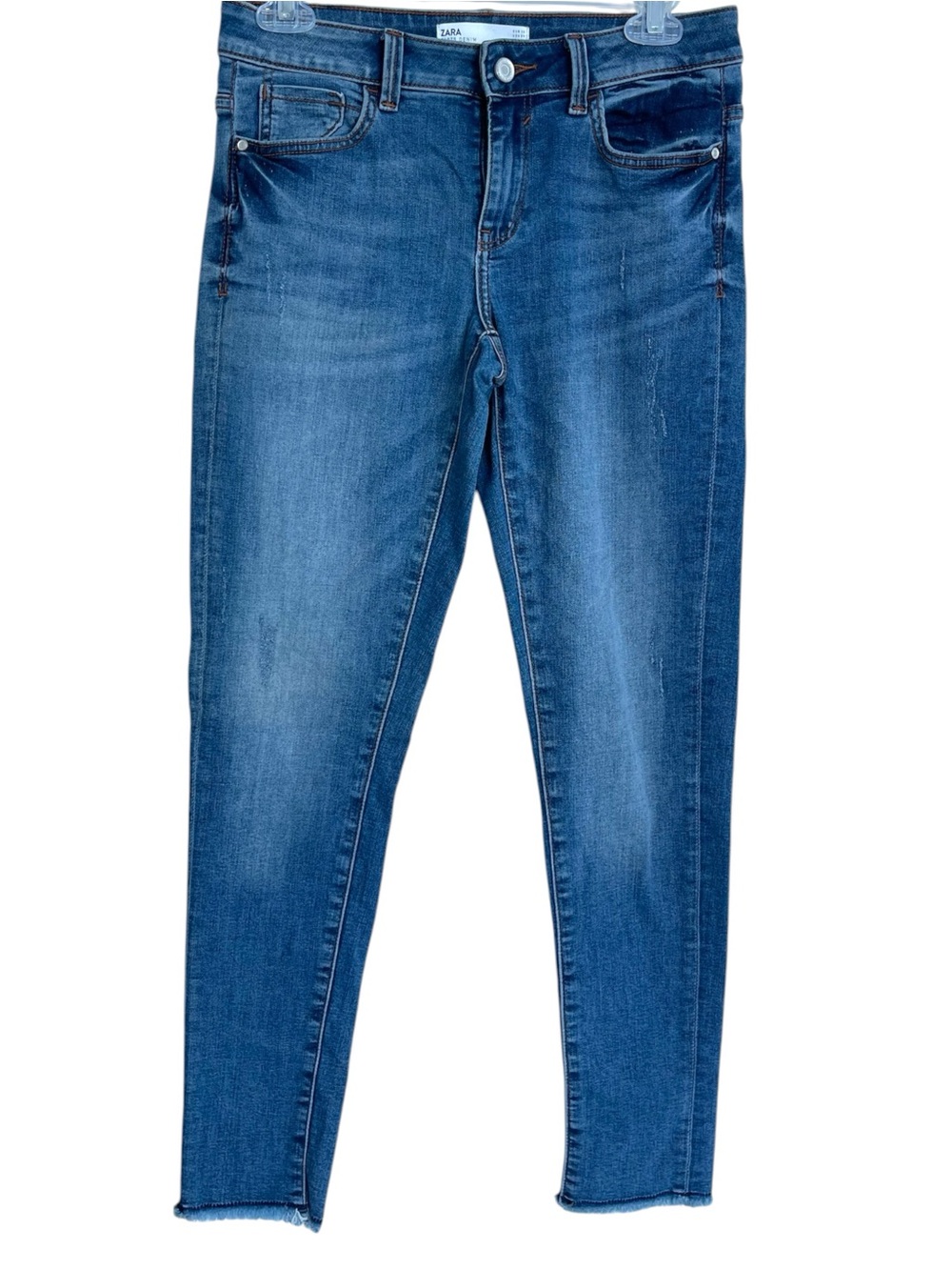 Zara Medium Wash Mid-Rise Blue Skinny Crop Jeans Frayed Hem Size 6